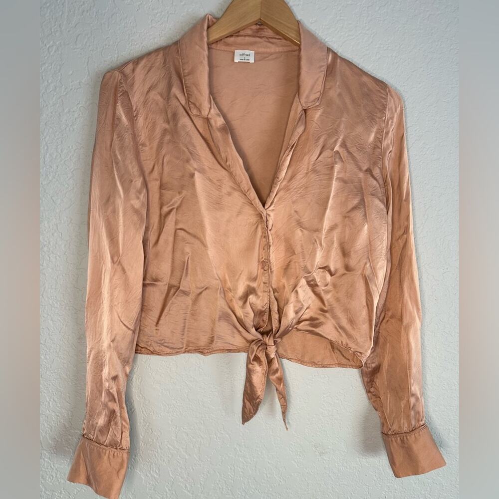 Wilfred Aritzia Orange Silky Front Tie Crop Blouse Top